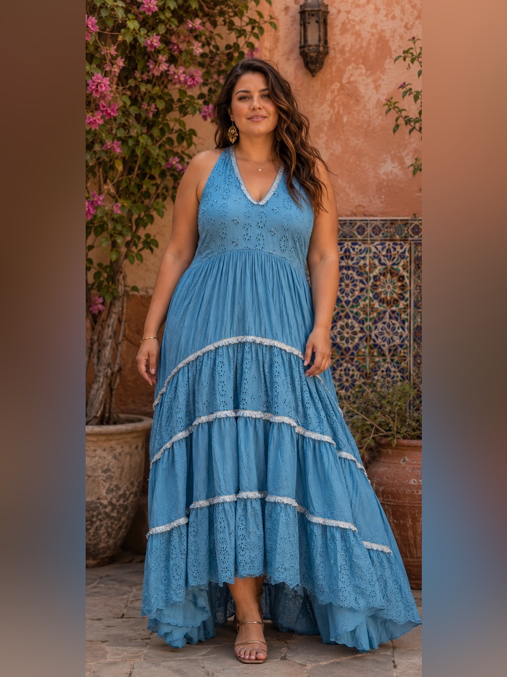 NWOT Papa Pia Blue Eyelet Maxi Dress with Eyelet Detail & Metallic Silver Trim